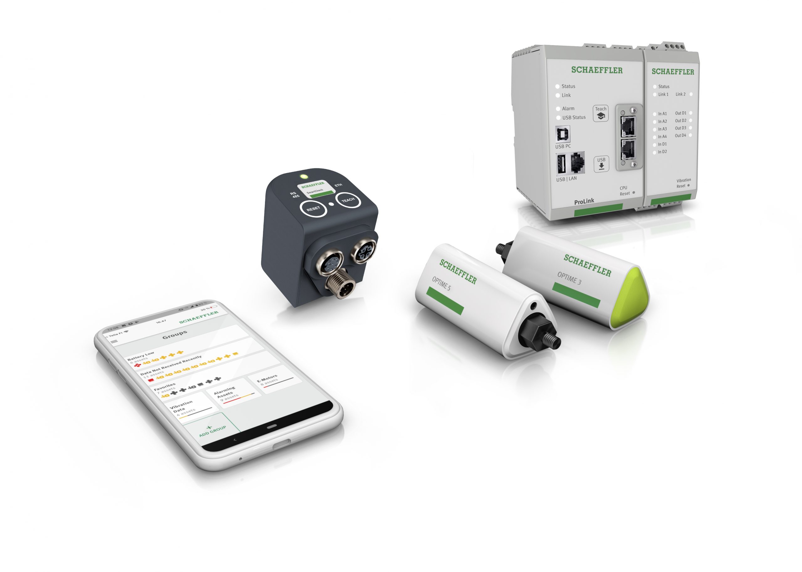 Mit Optime, SmartCheck und ProLink bietet Schaeffler Schwingungs-Zustandsüberwachung. Für alle drei Schaeffler-CMS benötigen Instandhalter keine Kenntnisse auf dem Gebiet der Schwingungs-Zustandsüberwachung. Die Datenanalyse erfolgt durch Algorithmen.