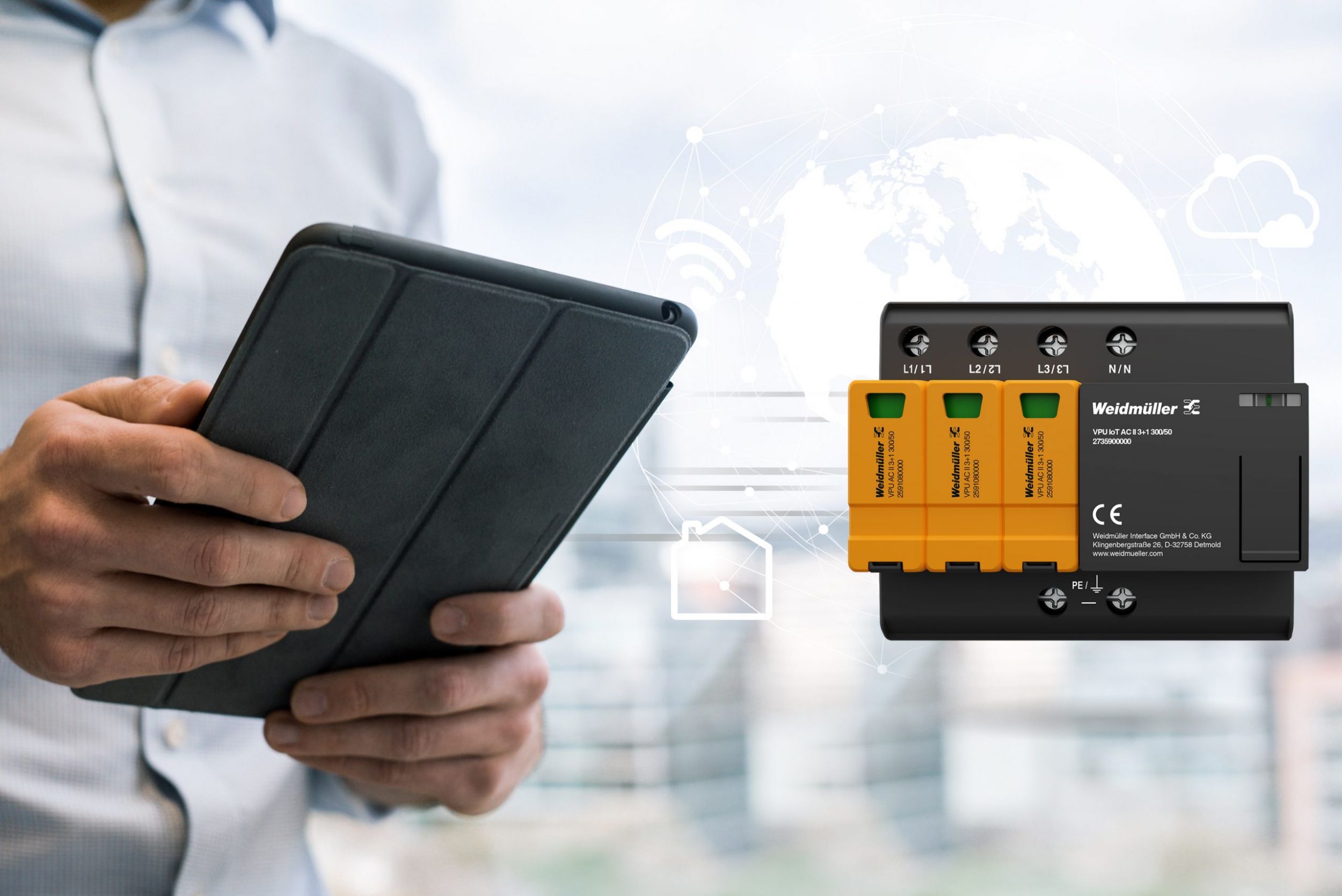 Bild 1 | Der neue Überspannungsschutzableiter vom Typ VPU AC IoT vereint die Funktionen eines leistungsstarken Überspannungsschutzes mit denen eines intelligenten IoT-Geräts.