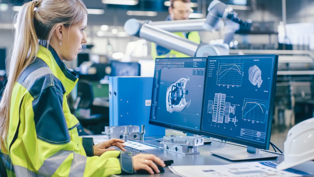 At the Factory Female Mechanical Engineer Designs 3D Engine on