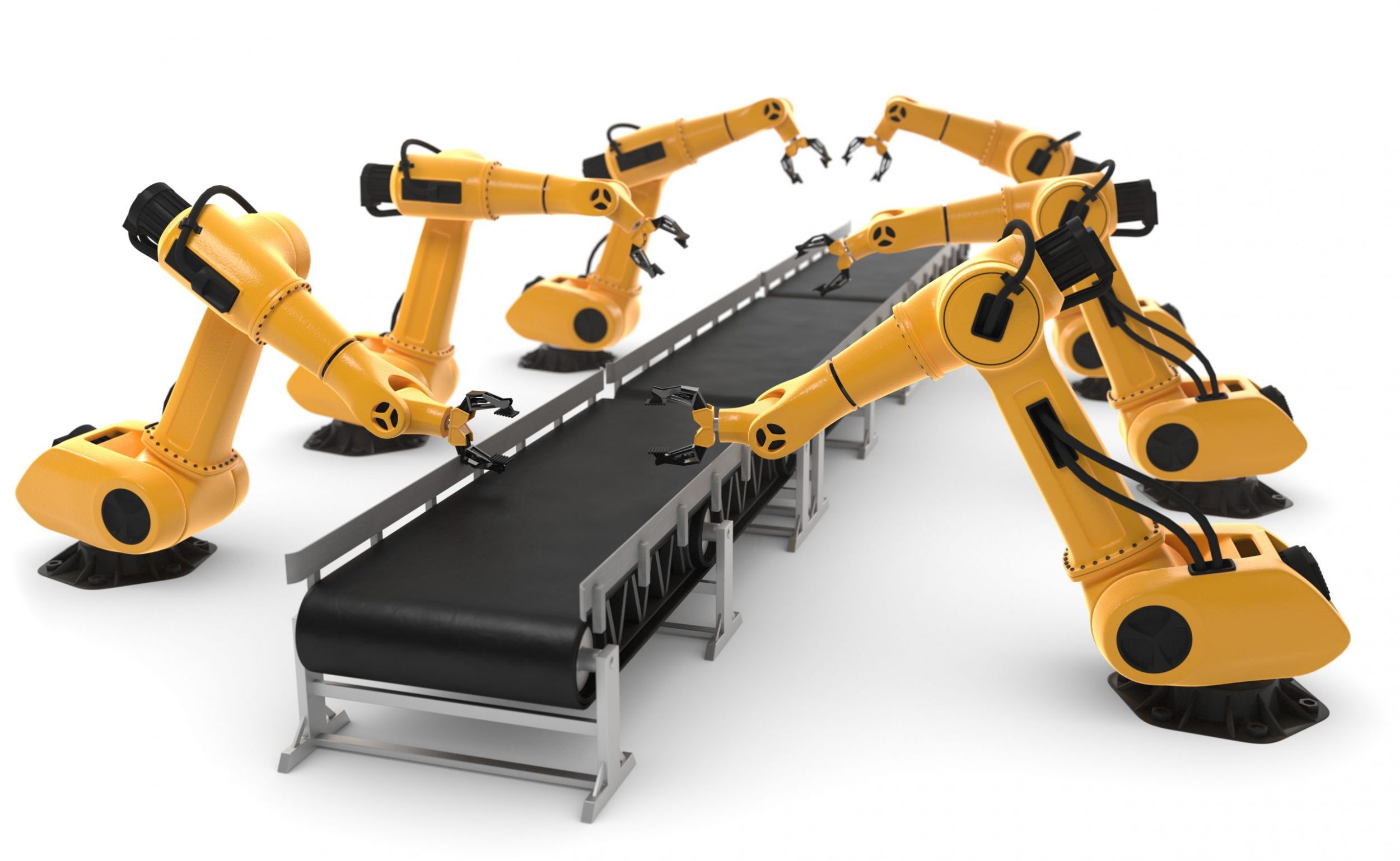 3D Illustration Fliessband mit Robotern scaled