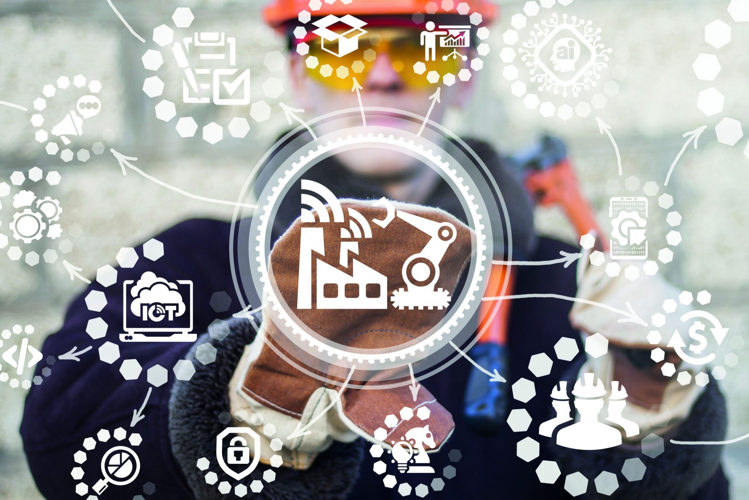 Industrial worker presses button factory wifi robot manipulator scaled