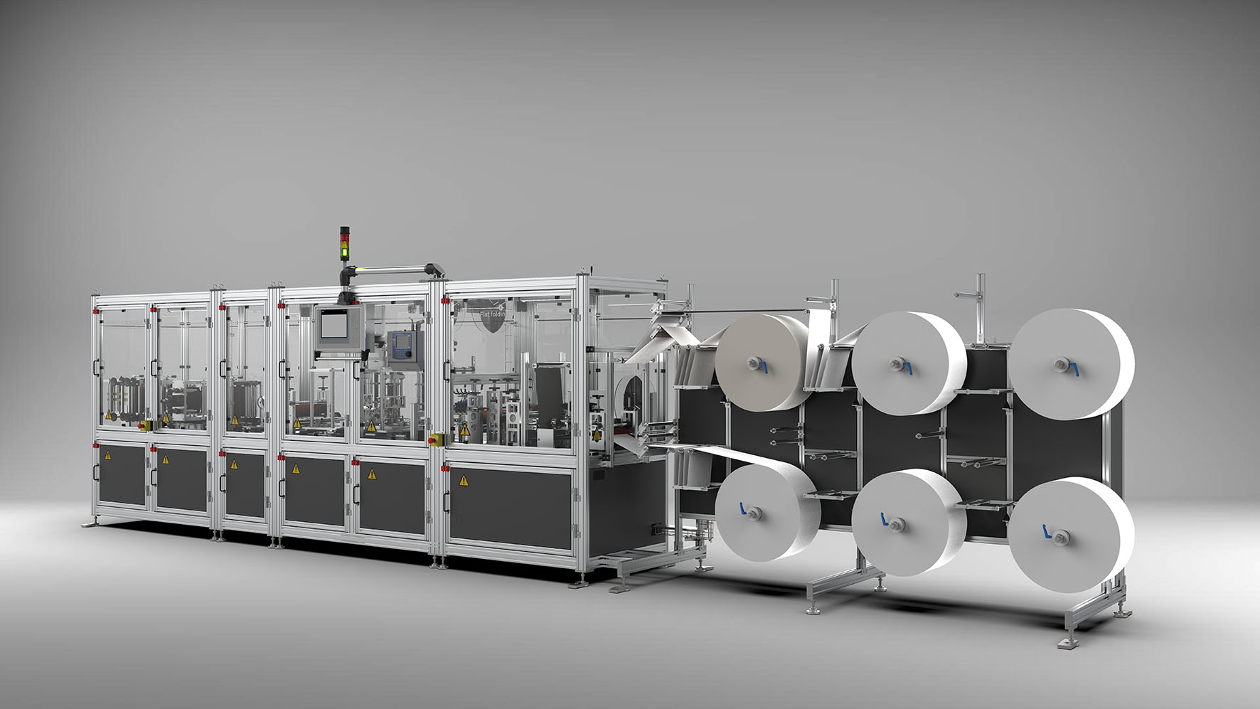 Diese Maschine produziert bis zu 72.000 FFP Masken pro Tag. Für die Sicherheit an der Maschine selbst sorgt Sicherheitstechnik von Bernstein.