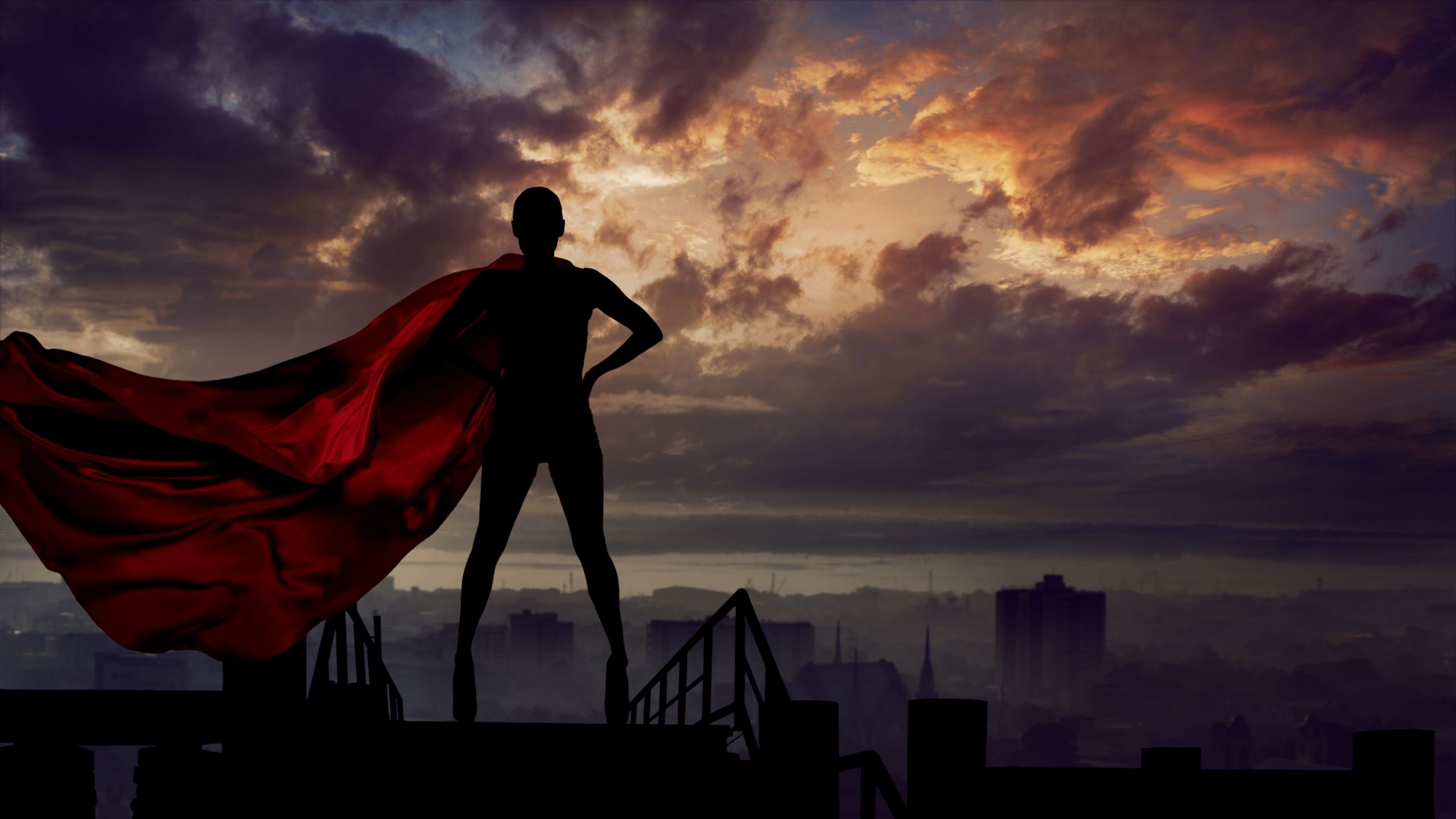 Abstract silhouette portrait of young hero woman with super person red cape guard city