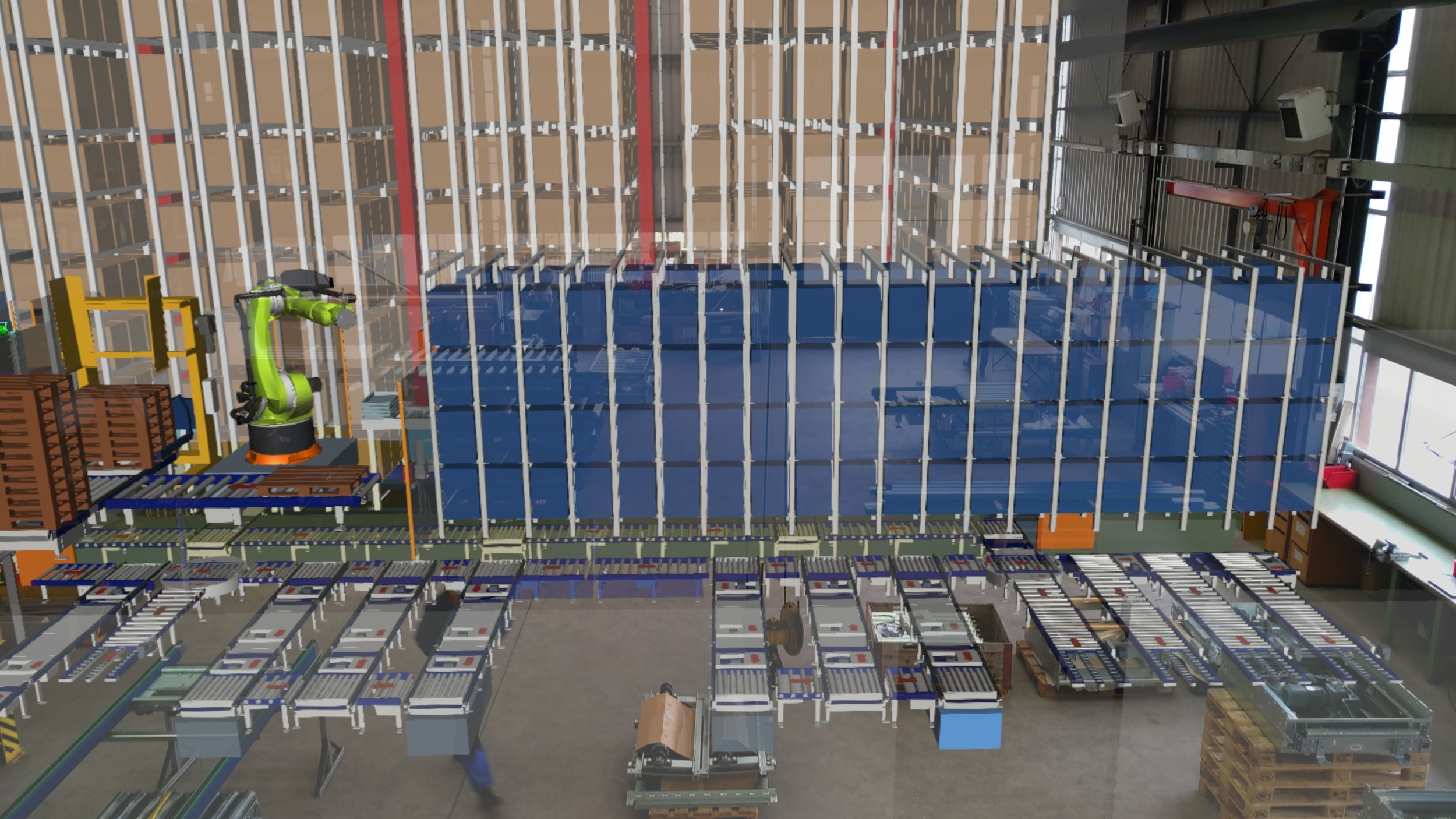 1:1 Visualisierung einer Intralogistik-Anlage.