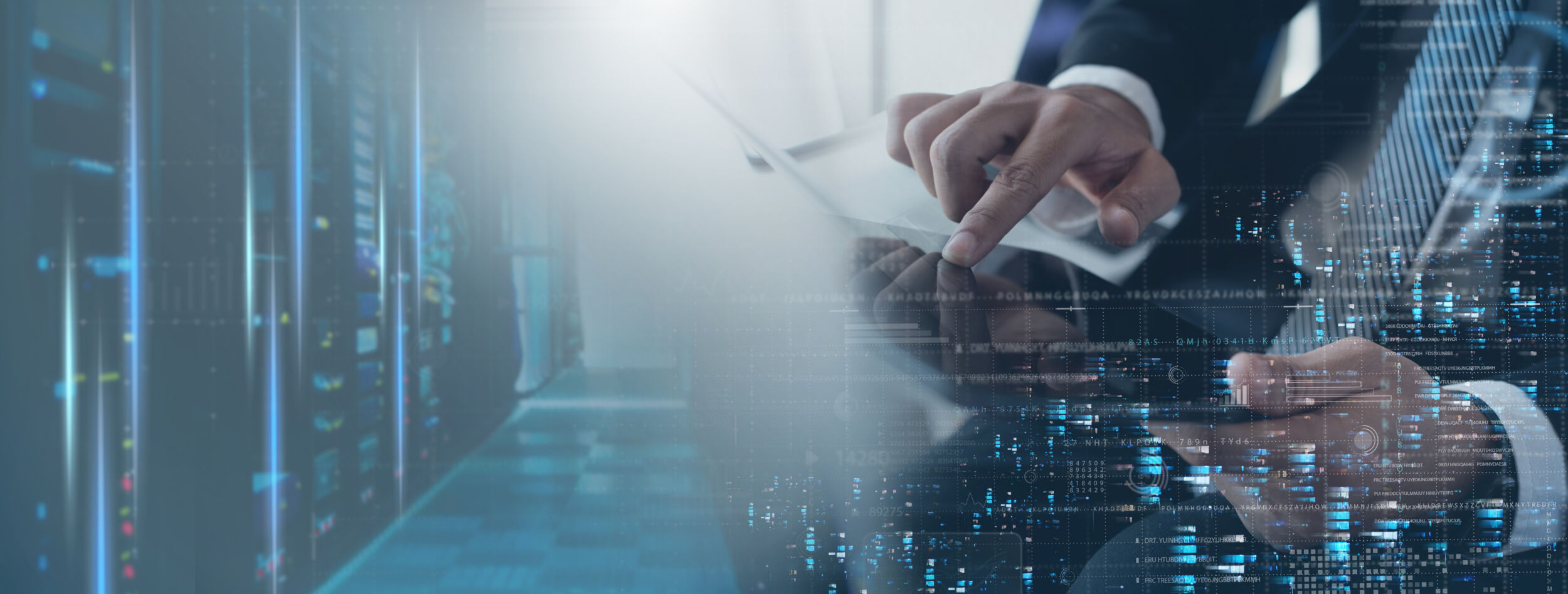 Computer engineer using digital tablet with server room, data center, big data storage as backgrounds, digital technology, database, IT support, telecommunication concept