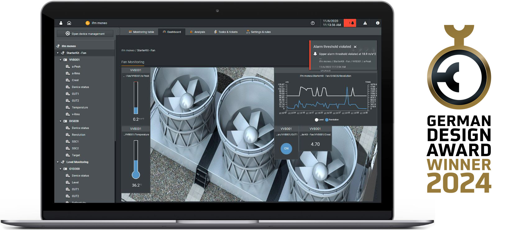 Die Condition Monitoring-Software moneo RTM von ifm erhält den goldenen German Design Award 2024.