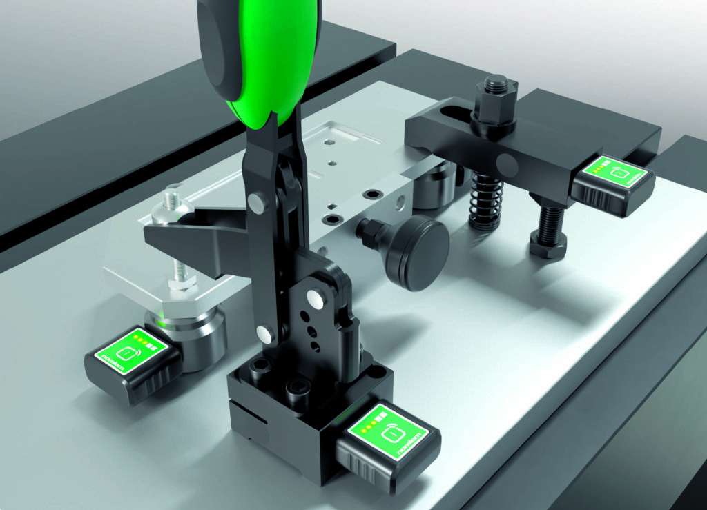  Die Smart Products von Norelem, zum Beispiel Kraftsensor f&uuml;r Schnellspanner, Spanneisen mit Kraftsensor und Auflagebolzen mit Auflagesensor, k&ouml;nnen mit Bluetooth-Modulen verbunden werden.