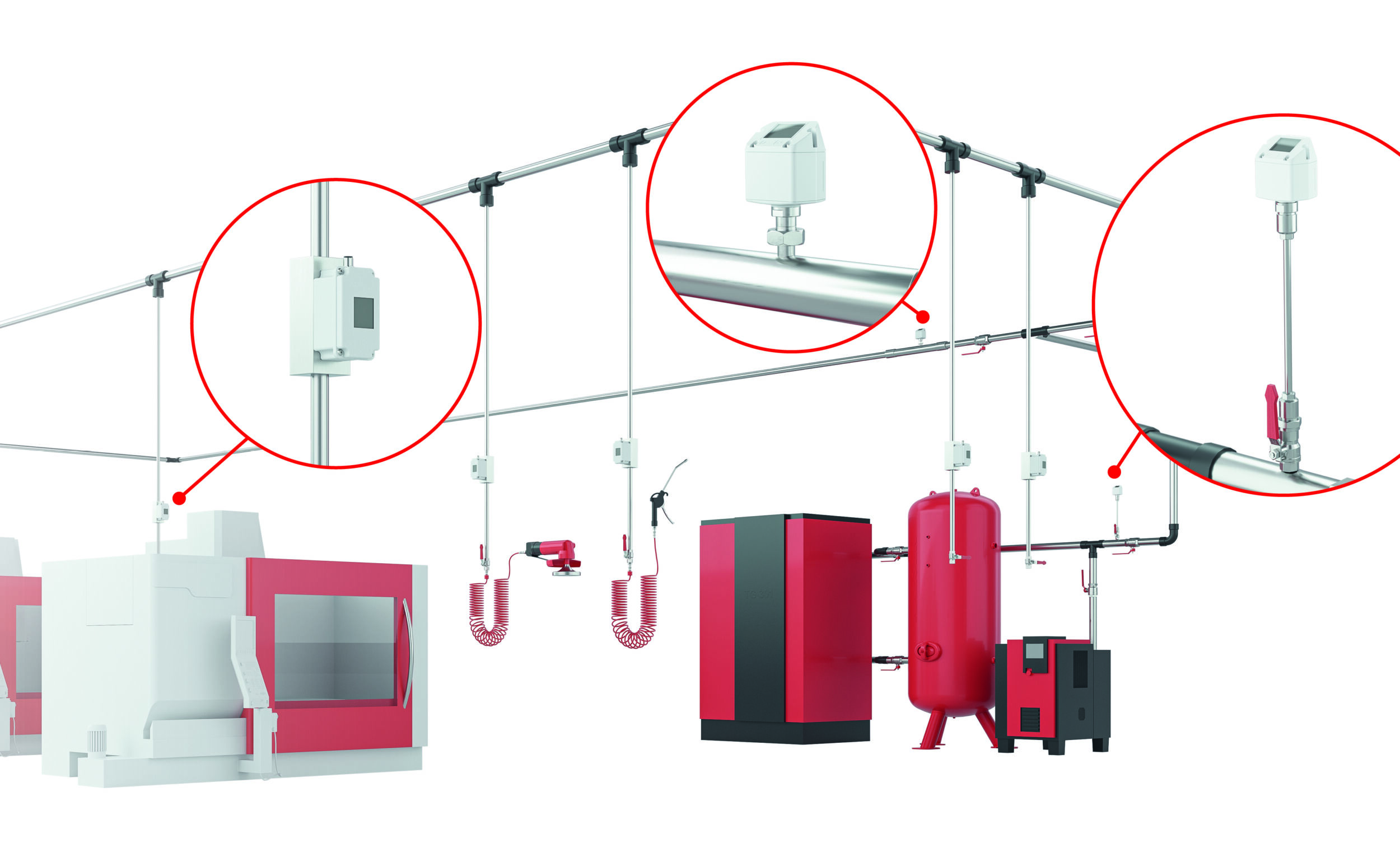 Um auf Leckagen überhaupt erst aufmerksam zu werden, ist zunächst eine kontinuierliche Druckluftverbrauchsmessung erforderlich, da aus deren Daten leckagebedingte Mehrverbräuche erkennbar sind. Dafür bieten sich unterschiedliche Sensoren an.