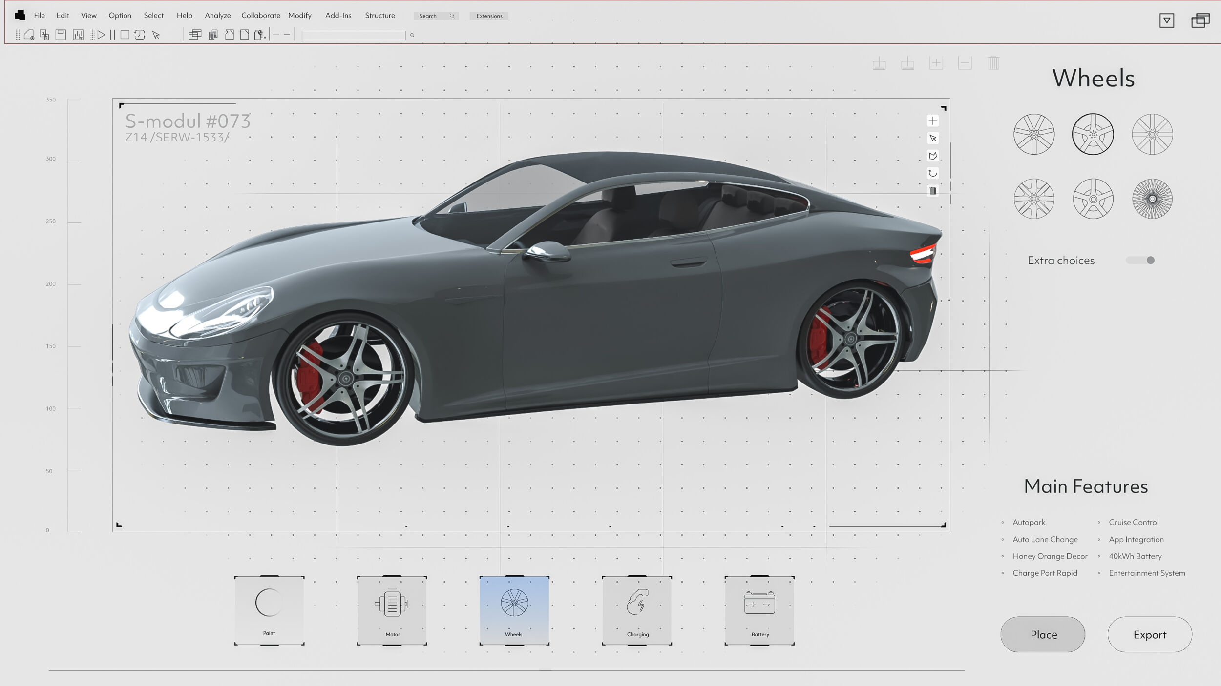 Light Interface Mockup of Professional CAD Computer Software With Edit of Project Of a Sports Car. Grey Model of Futuristic Super Car Electric Vehicle. Green Energy Powered Technology. 3D Render
