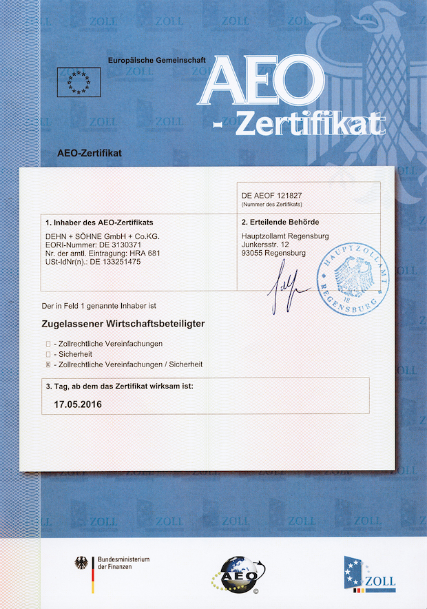 Dehn + Söhne erhält das AEOF Zertifikat
