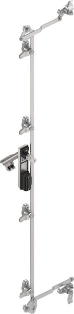 Bild 2 | 6-Punkt-Mehrfachverriegelung in geschlossener Position mit Dreh-Spann-Verschlussfunktion und 2x 90° Eckumlenkung komplett in Edelstahl.