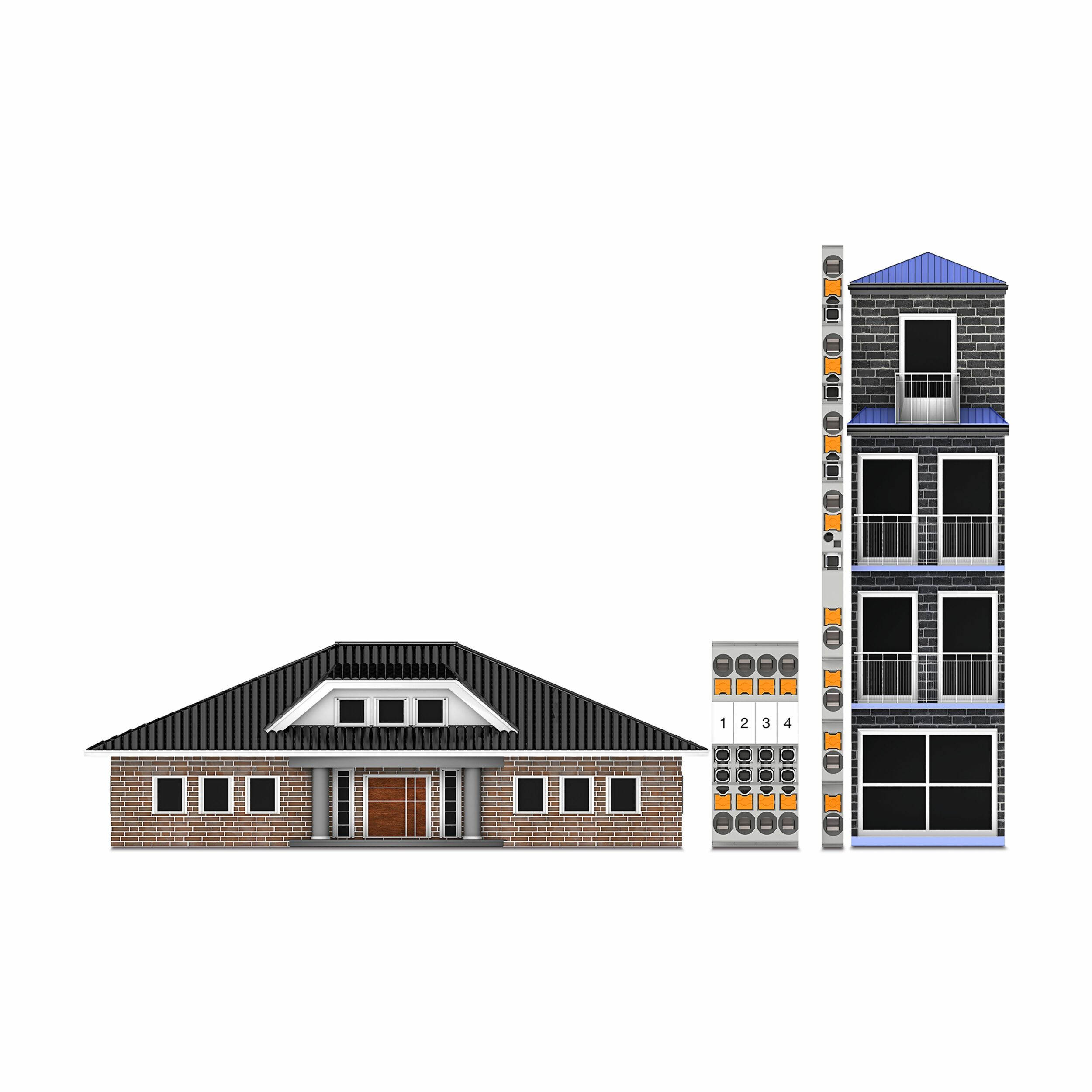 Bild 1 | Vergleich von Reihenklemmen und Häusertypen auf Grundlage des Platzbedarfs