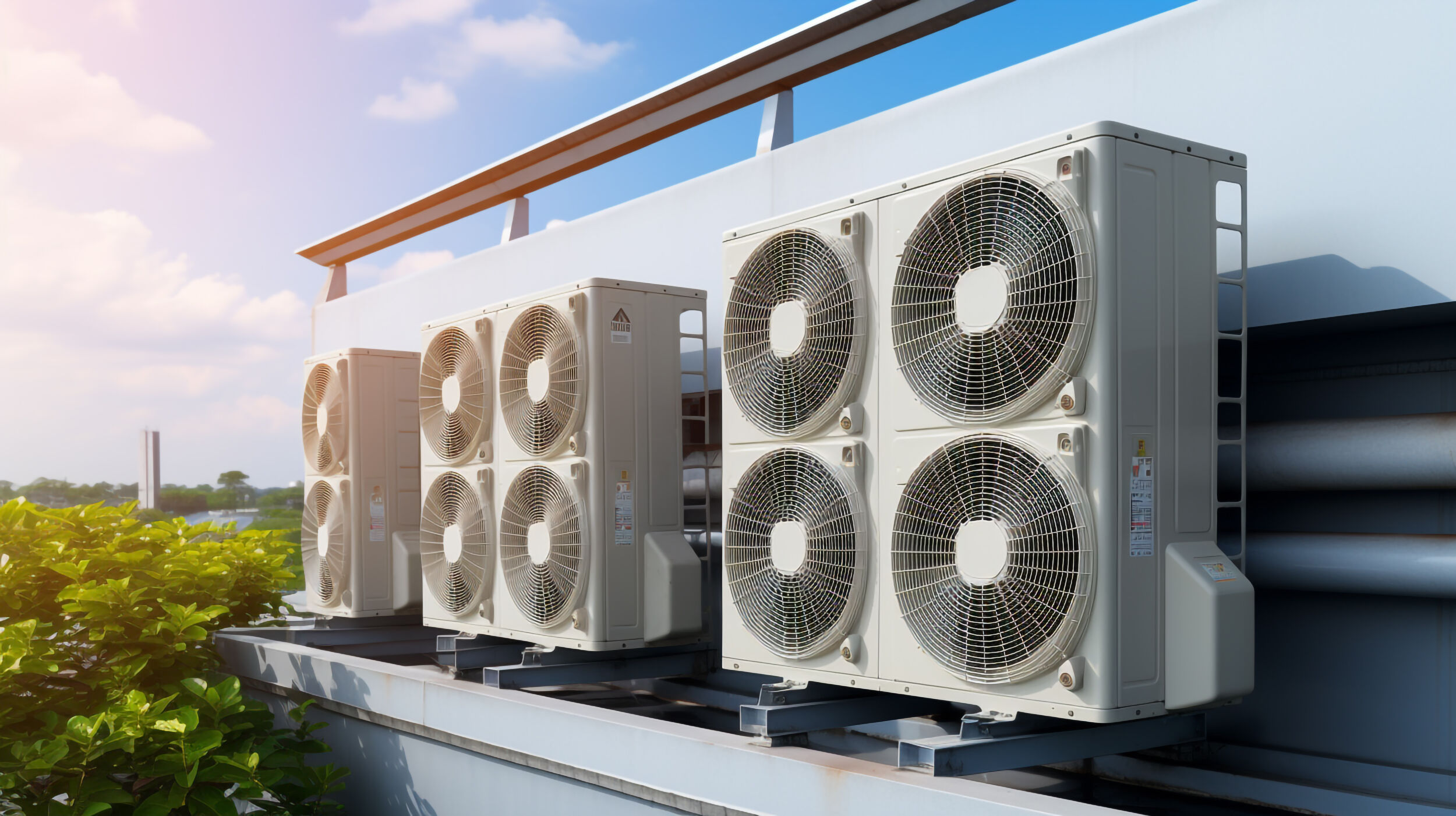 outdoor air conditioner compressors installed in a country house on the roof legal AI