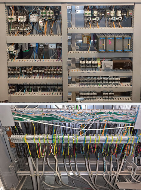 Die auf zwei Schränke verteilte alte Steuerung mit Montagetafel