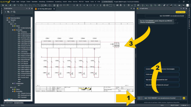 Bild 2 | Artikel werden in Electrix AI 2026 direkt aus der Online-Bibliothek wscaduniverse.com geladen: Artikel dem AI-Copilot geben (1), dieser sucht und lädt (2) und platziert den Artikel nebst Artikeldaten sofort korrekt (3).