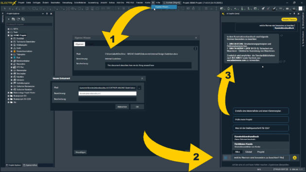 Bild 3 | Im neuen Menüpunkt ‘AI-Wissen’ werden eigene Dokumente wie Kundenrichtlinien oder Vorgaben hinterlegt (1). Der AI-Copilot liefert auf Anfrage (2) innerhalb weniger Sekunden die passende Information (3). Das mühsame Durchsuchen von Ordnerstrukturen oder PDF-Dokumenten wird überflüssig.