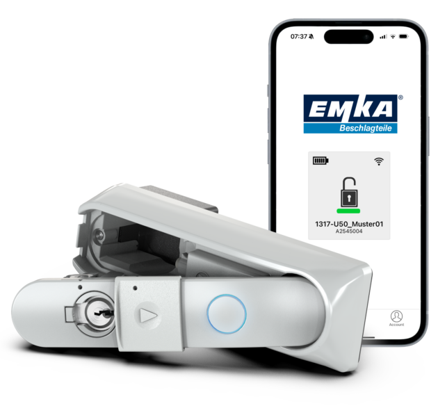 Der neue Outdoor-Schwenkgriff von Emka mit integriertem Energiespeicher und Bluetooth-Technologie eignet sich ideal für energieautarke Gehäuse im Außenbereich.