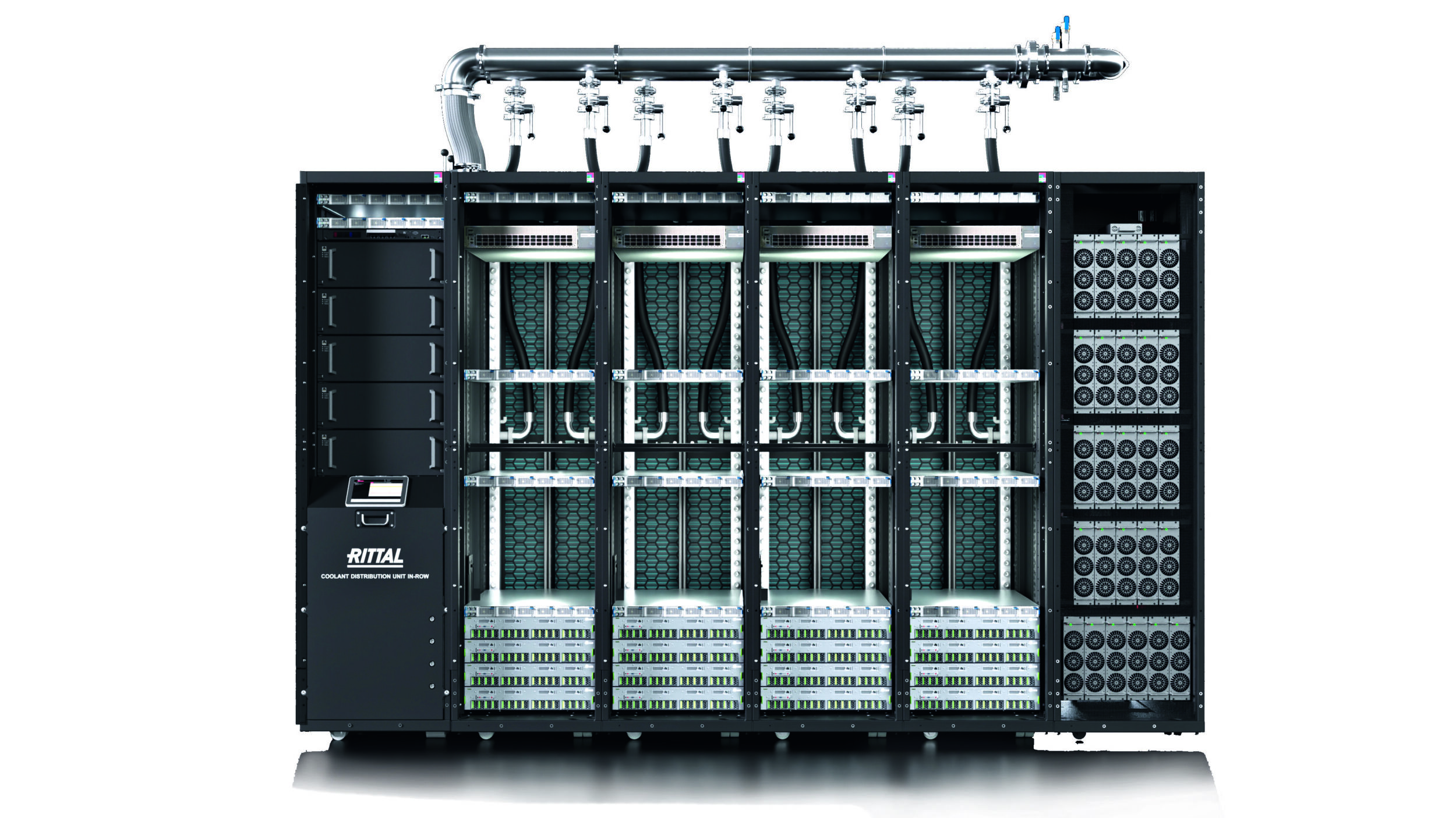 Bild 1 | Im Sidecar bringt Rittal die Energieversorgung unter - klar getrennt vom Server-Rack: Unter Einsatz der roten Sammelschienen-Systemplattform RiLineX verteilt das Sidecar den Fluss von Gleichstrom in den Anlagen.
