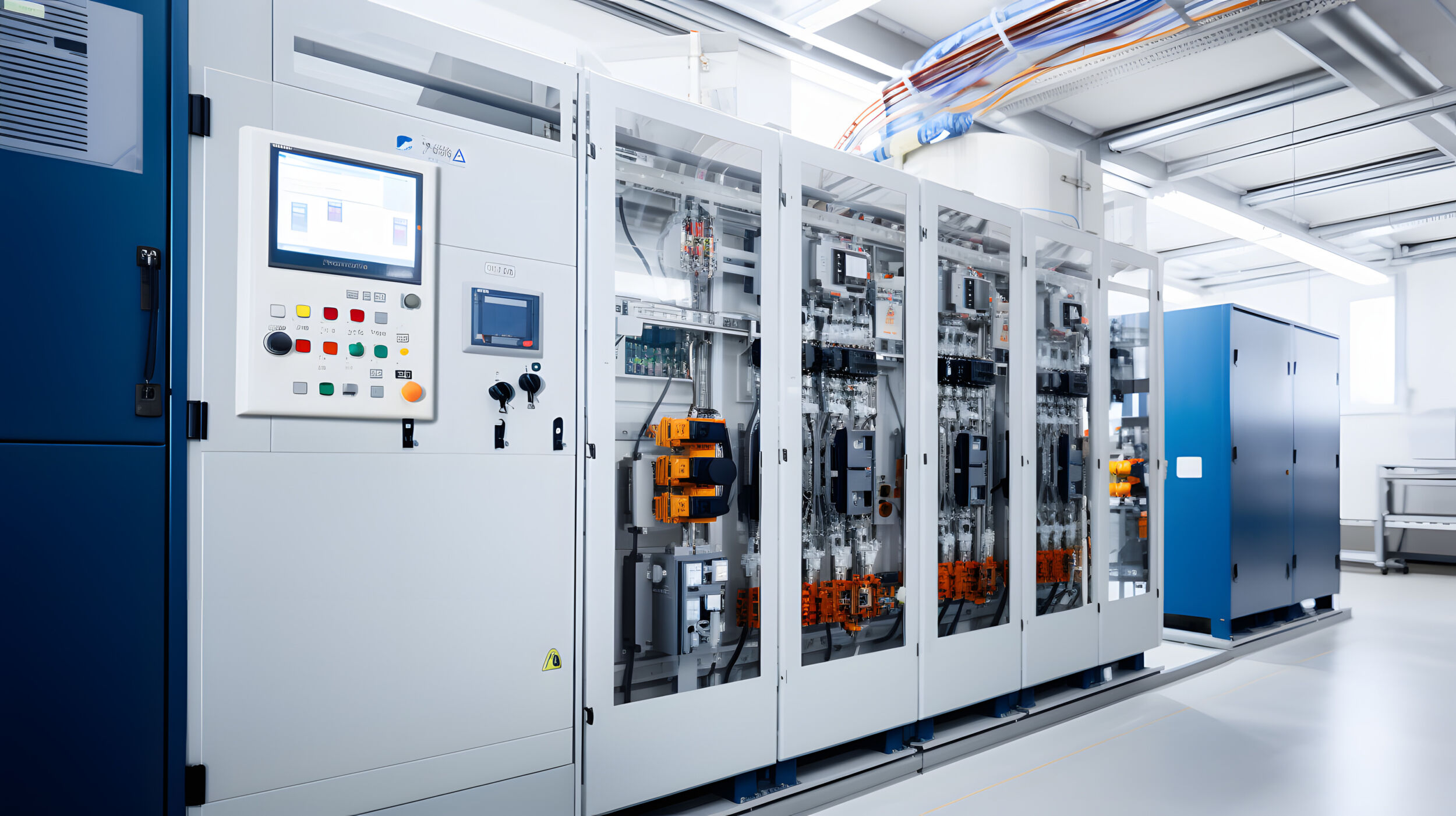 Elektriker der komplexe Verdrahtung in einem neuen Gebaeude prueft