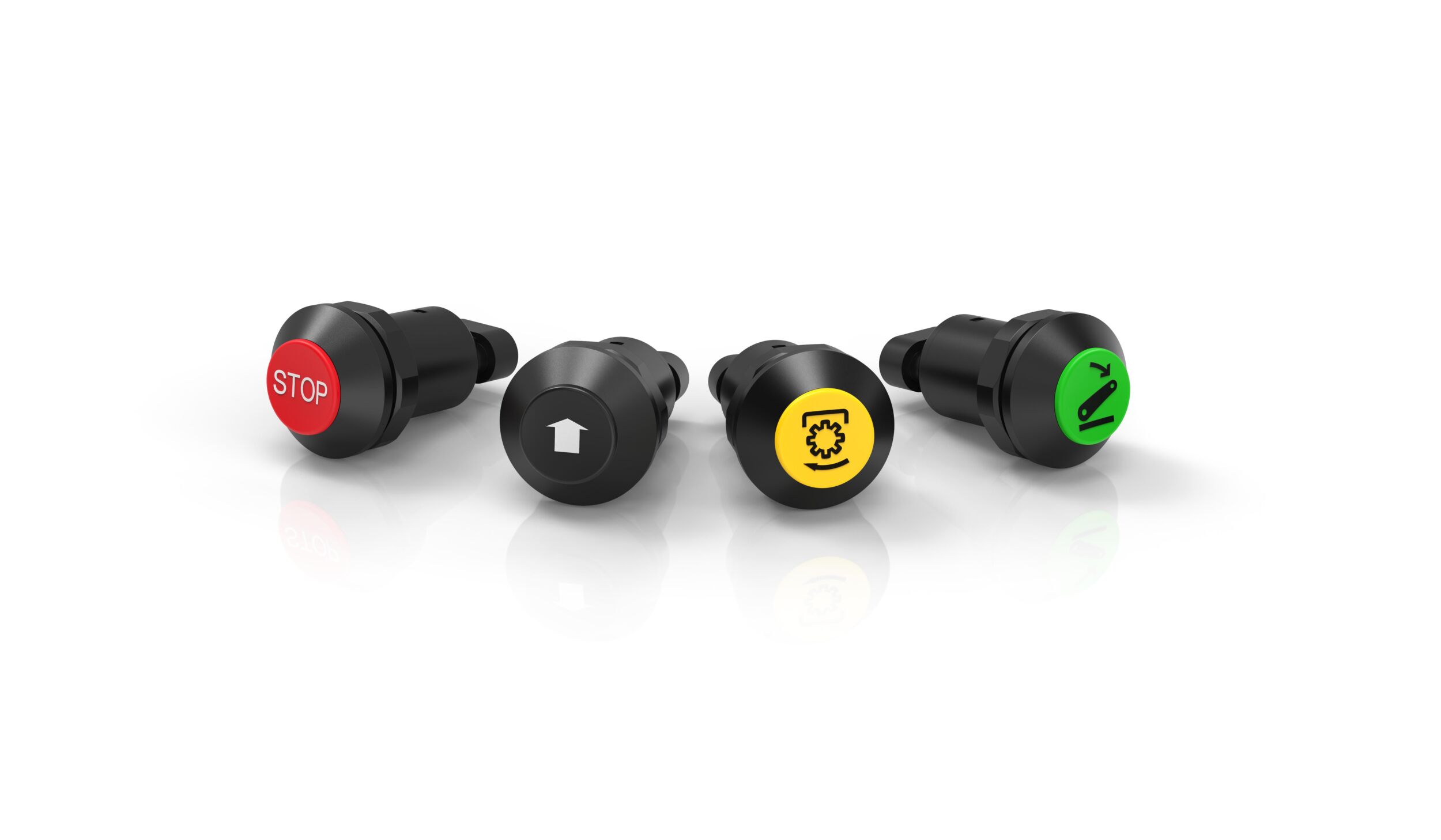 Die neue Drucktaste von EAO lässt sich individuell mit verschiedenen Druckhauben-Farben und Symbole ausstatten.