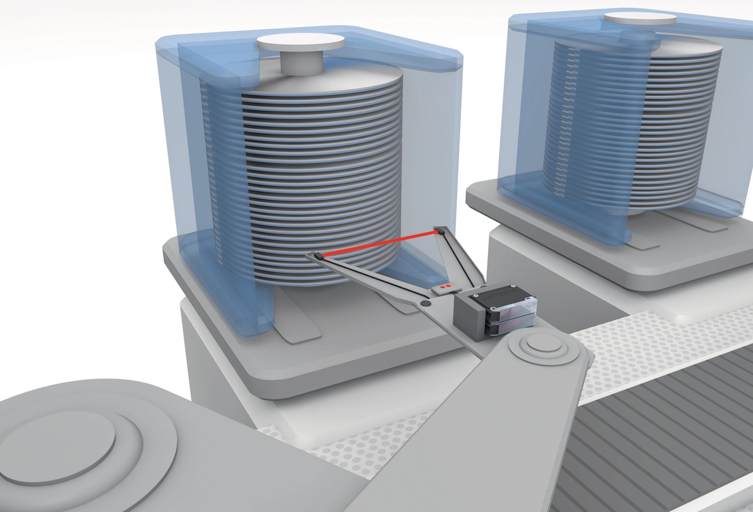 Der Mapping-Sensor im Greifer erkennt präzise die Position stark reflektierender Wafer und damit volle Slots, doppelte Wafer oder Wafer in Schieflage.
