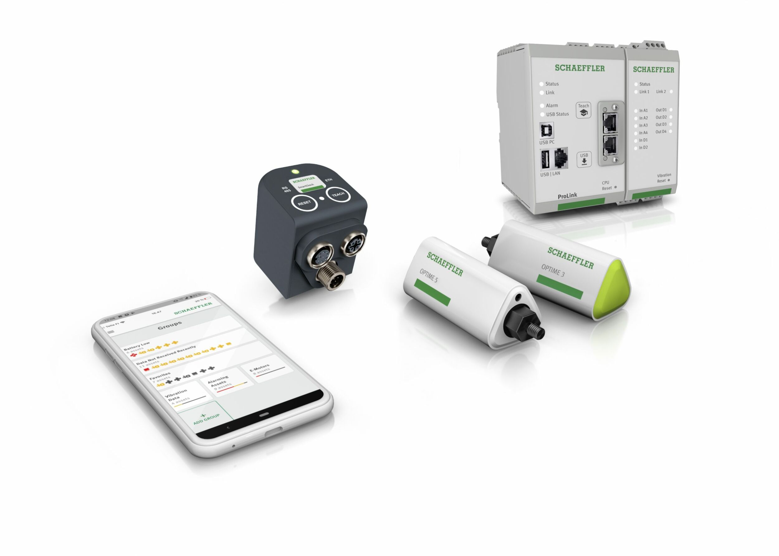 Mit Optime, SmartCheck und ProLink bietet Schaeffler Schwingungs-Zustandsüberwachung. Für alle drei Schaeffler-CMS benötigen Instandhalter keine Kenntnisse auf dem Gebiet der Schwingungs-Zustandsüberwachung. Die Datenanalyse erfolgt durch Algorithmen.