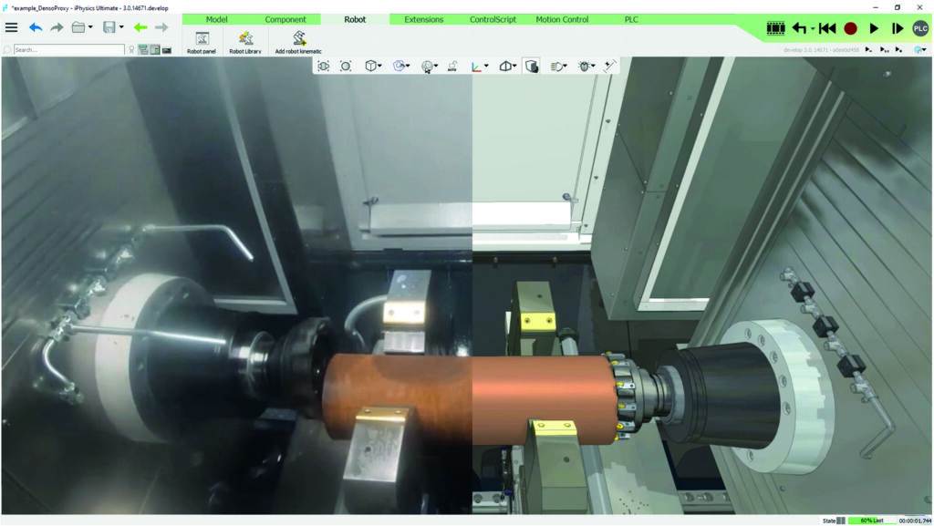 Digital vs. Realität: links die reale Maschine, rechts das digitale Abbild.