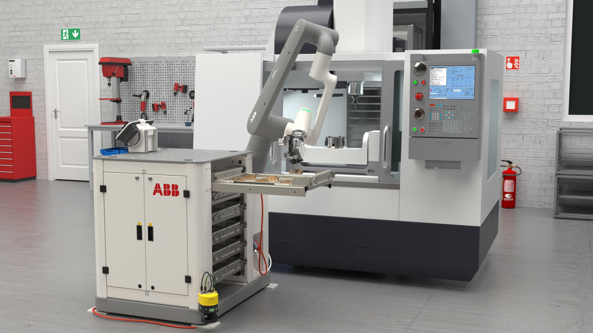 ABB präsentiert auf der Motek die OmniVance Collaborative Machine Tending Cell - eine integrierte Komplettlösung für die automatisierte Maschinenbeschickung und- ideal für Anwendungen wie der Metallbearbeitung oder dem Werkzeugmaschinenbau.