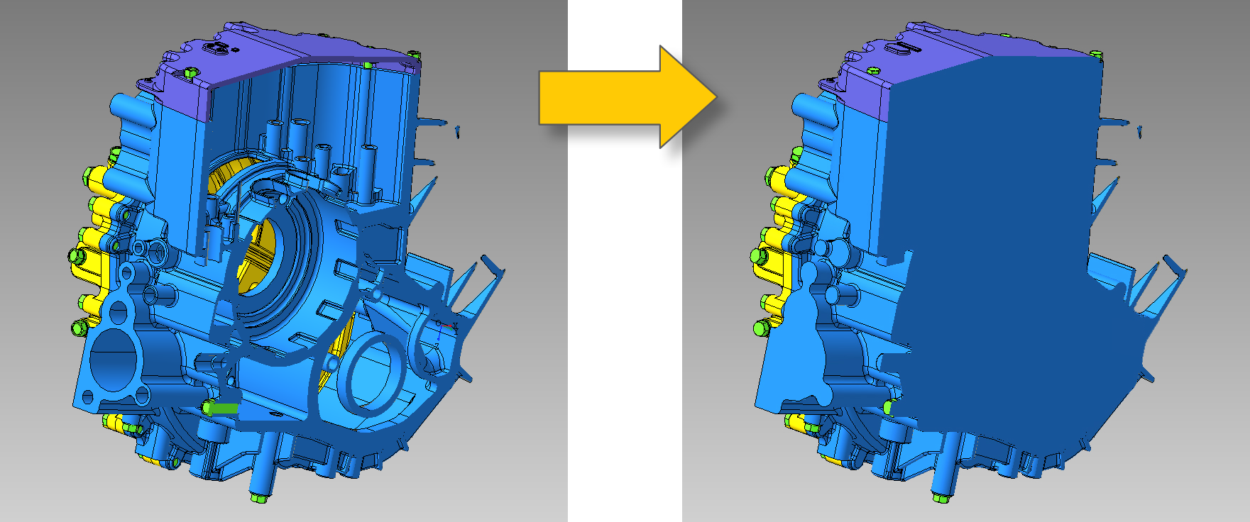 Außenhülle: Das Innenleben des 3D-Modells wird automatisch entfernt. Anwendung für Störkunturen, Know-how-Schutz und Reduktion der Datenmenge.