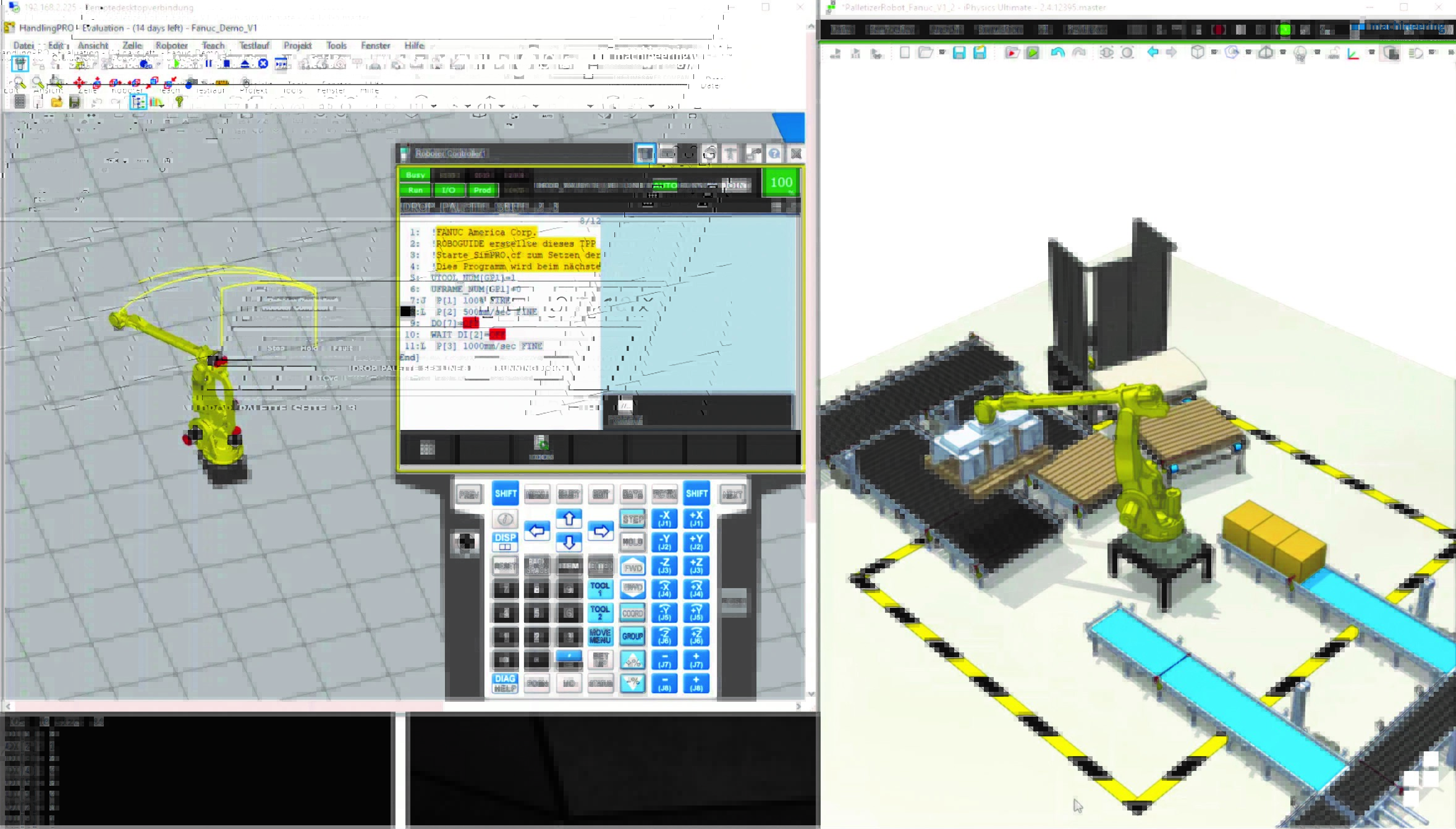 Am Beispiel eines Palettierroboters werden in der Simulation Bewegungsabläufe, Greiferlogik und Steuerungsprogramme getestet, bevor eine reale Anlage aufgebaut wird.