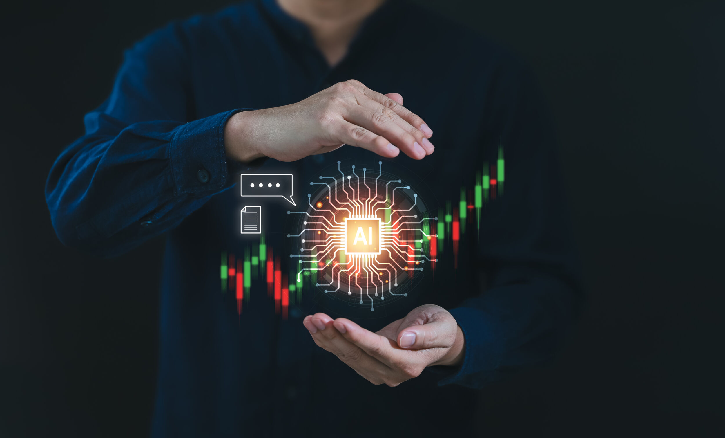 Stock market trading with AI Artificial Intelligence technology concept, Digital technology strategy for business growth, Financial investment stock market by AI. Virtual assistant on internet.